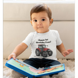 キュートレッドトラクターファーム機器1st誕生日パーティー ベビーTシャツ