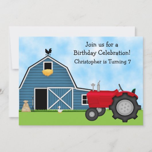 キュートレッドトラクター&ブルーバーンファームバースデーパーティー 招待状 (正面)
