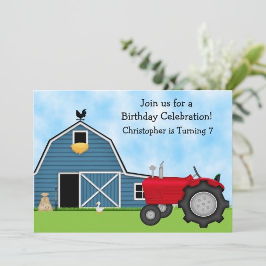 キュートレッドトラクター&ブルーバーンファームバースデーパーティー 招待状 (スタンド正面)