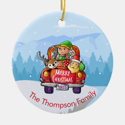 キュートレッドトラッククリスマススノーサンタ小妖精や小人トナカイ セラミックオーナメント (正面)