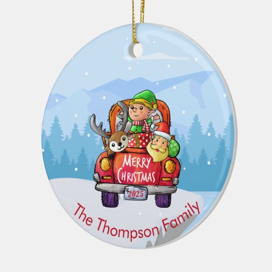 キュートレッドトラッククリスマススノーサンタ小妖精や小人トナカイ セラミックオーナメント (左)