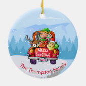 キュートレッドトラッククリスマススノーサンタ小妖精や小人トナカイ セラミックオーナメント (裏面)