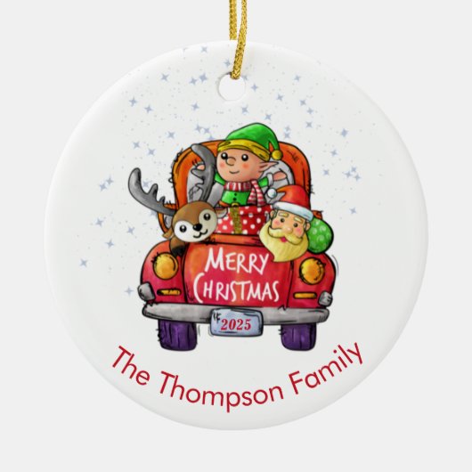 キュートレッドトラッククリスマスネームサンタ小妖精や小人トナカイ セラミックオーナメント (正面)