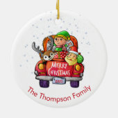 キュートレッドトラッククリスマスネームサンタ小妖精や小人トナカイ セラミックオーナメント (裏面)