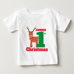 キュートレッドノースドトナカイベビーの初めてのクリスマス ベビーTシャツ