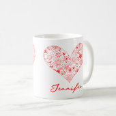 キュートレッドバレンタインデーフローラハート名前をカスタムする コーヒーマグカップ (正面右)