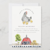 キュートレッドバーンチキンファーム子供の誕生日招待状 サンキューカード (正面)