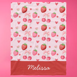 キュートレッドピンクコケットストロベリーさくらんぼ フリースブランケット
