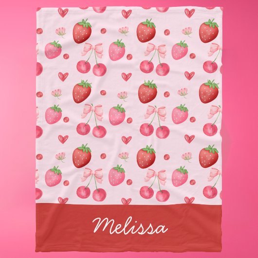キュートレッドピンクコケットストロベリーさくらんぼ フリースブランケット