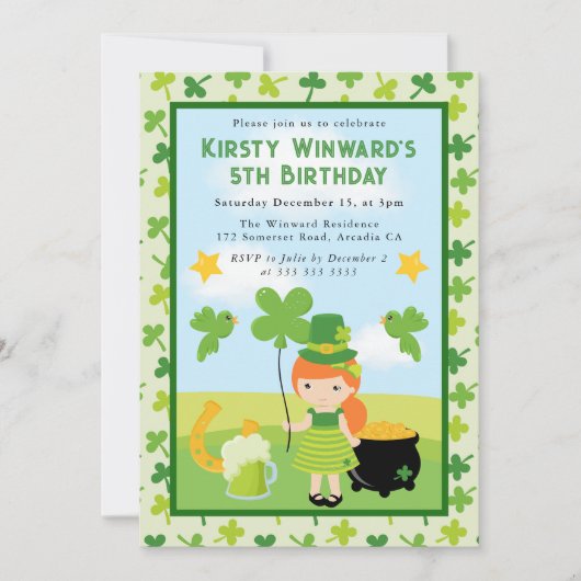 キュートレッドヘアガールセントパトリック子供の誕生日 招待状 (正面)