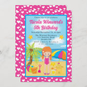 キュートレッドヘアガールビーチ子供の誕生日 招待状 (正面/裏面)