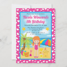 キュートレッドヘアガールビーチ子供の誕生日 招待状