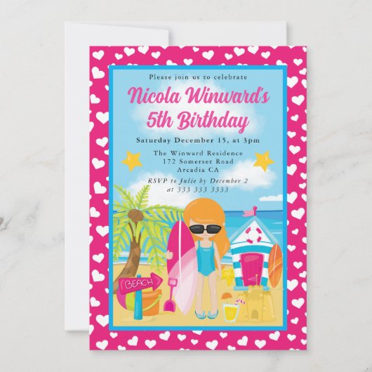 キュートレッドヘアガールビーチ子供の誕生日 招待状 (正面)