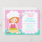 キュートレッドヘアガールベーキング誕生日パーティー 招待状 (正面)