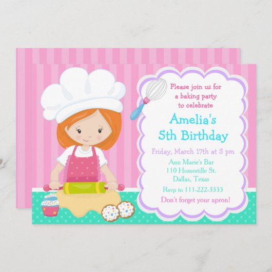 キュートレッドヘアガールベーキング誕生日パーティー 招待状 (正面/裏面)