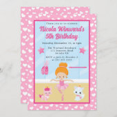 キュートレッドヘアバレリーナ子供の誕生日 招待状 (正面/裏面)