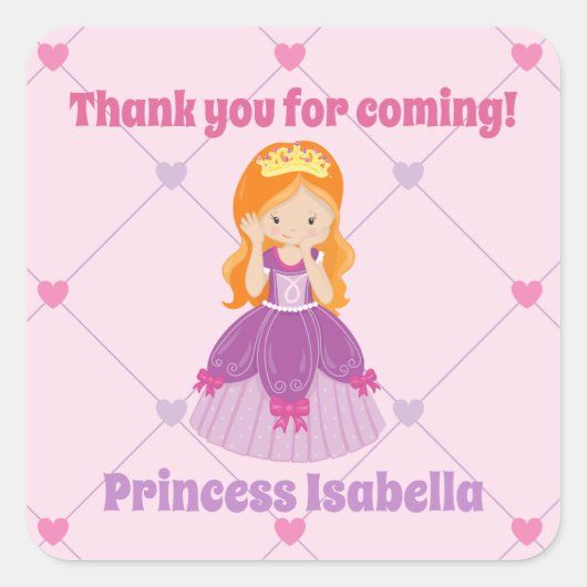 キュートレッドヘッドプリンセスピンク子供の誕生日パーティー スクエアシール (正面)