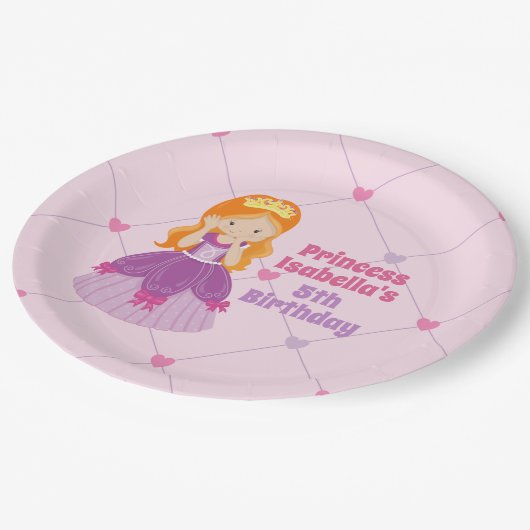 キュートレッドヘッドプリンセスピンク子供の誕生日パーティー ペーパープレート (アングル)