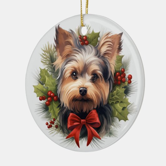 キュートレッドボウホリーリースヨークシャーテリアドッグ セラミックオーナメント (左)