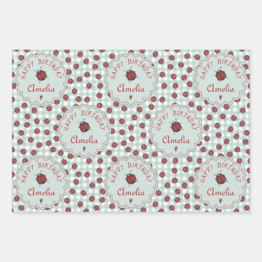 キュートレッドラディバグパーソナライズされた子供の誕生日 ラッピングペーパーシート (正面)