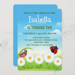 キュートレッド水玉模様ラディバグデイジーフラワー誕生日 招待状