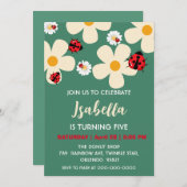 キュートレッド水玉模様ラディバグデイジーフラワー誕生日 招待状 (正面/裏面)