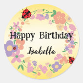 キュートレッド水玉模様ラディバグ春フラワー誕生日 ラウンドシール (正面)