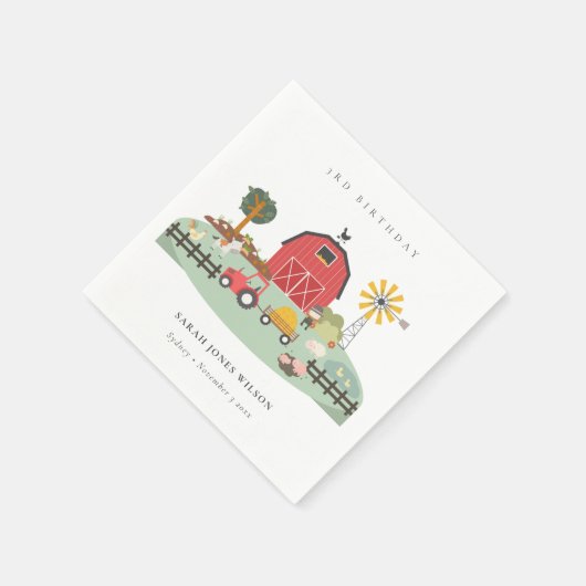 キュートレッド納屋周囲の庭ファームアニマルエイジ誕生日 スタンダードカクテルナプキン (角)