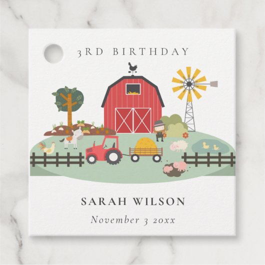 キュートレッド納屋周囲の庭ファームアニマルエイジ誕生日 フェイバータグ (正面)