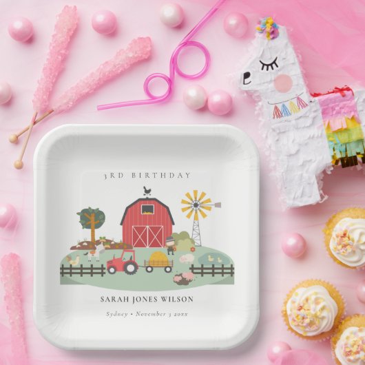 キュートレッド納屋周囲の庭ファームアニマルエイジ誕生日 ペーパープレート (パーティー)