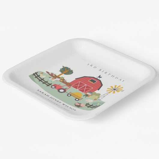 キュートレッド納屋周囲の庭ファームアニマルエイジ誕生日 ペーパープレート (傾斜あり)