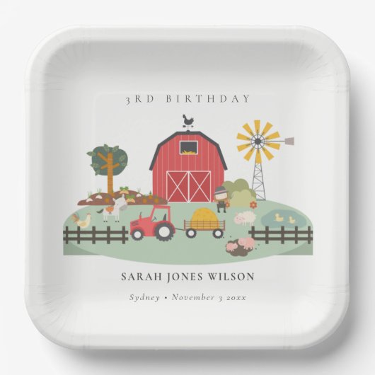 キュートレッド納屋周囲の庭ファームアニマルエイジ誕生日 ペーパープレート (正面)