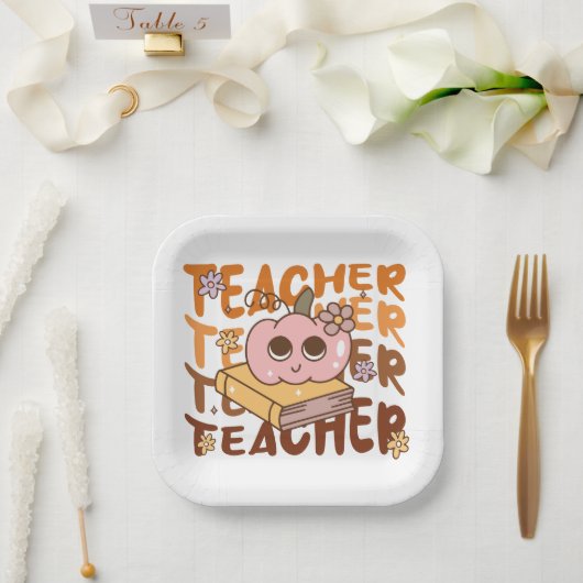 キュートレトロカボチャ先生ハロウィン秋 ペーパープレート (ウェディング)