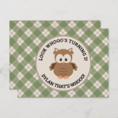 キュートレトログリーン格子柄フクロウ誕生日 インビテーションポストカード (正面/裏面)