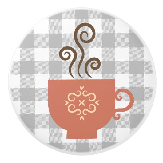 キュートレトロコーヒーまたはティーカップのグレーバッファロー セラミックノブ (正面)