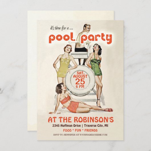 キュートレトロヴィンテージプールパーティの招待状 招待状 (正面/裏面)