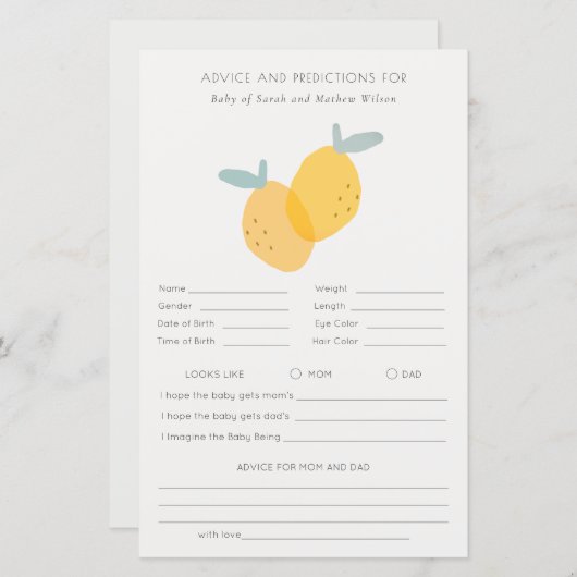 キュートレモンシトラス赤ちゃんシャワーアドバイス予測 (正面/裏面)