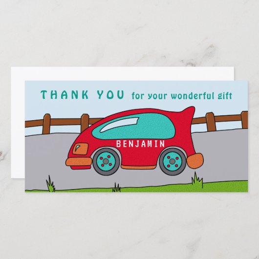 キュートレースカーレッドボーイ誕生日サンキューカード サンキューカード (正面/裏面)