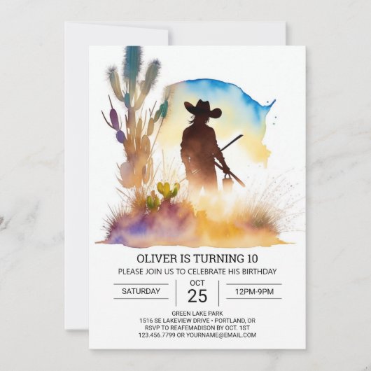キュートワイルドウエストカウボーイ誕生日 招待状 (正面)