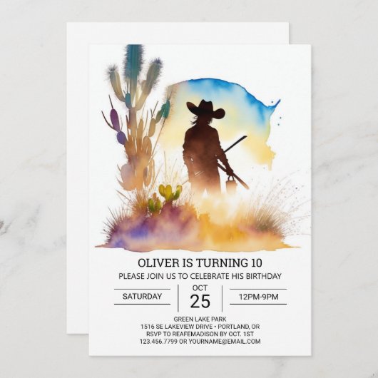キュートワイルドウエストカウボーイ誕生日 招待状 (正面/裏面)