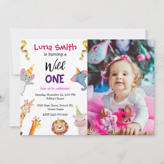 キュートワイルドサファリテーマ子供の誕生日 招待状 (正面)