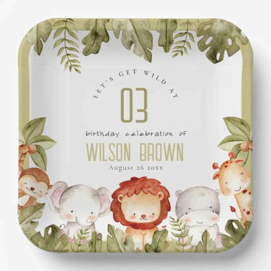 キュートワイルドトロピカルサファリアニマルズ子供の誕生日 ペーパープレート (正面)