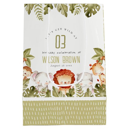 キュートワイルドトロピカルサファリアニマルズ子供の誕生日 ミディアムペーパーバッグ (裏面)