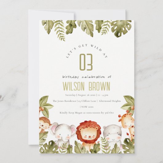 キュートワイルドトロピカルサファリアニマルズ子供の誕生日 招待状 (正面)