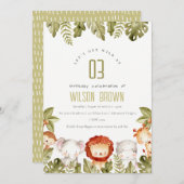 キュートワイルドトロピカルサファリアニマルズ子供の誕生日 招待状 (正面/裏面)