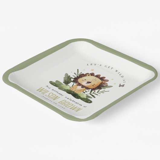 キュートワイルドトロピカルジャングルアニマルライオン誕生日 ペーパープレート (傾斜あり)