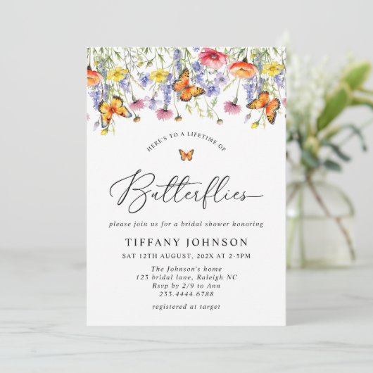 キュートワイルドフラワーズバタフライフローラブライダルシャワー 招待状 (スタンド正面)