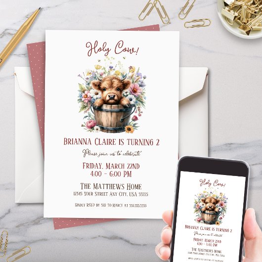 キュートワイルドフラワーハイランドカウファームアニマル誕生日 招待状