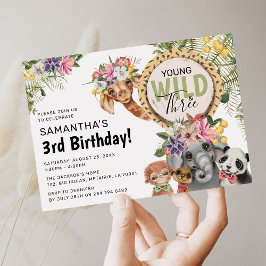 キュートワイルドヤングアンドスリージャングル3歳の誕生日パーティー 招待状