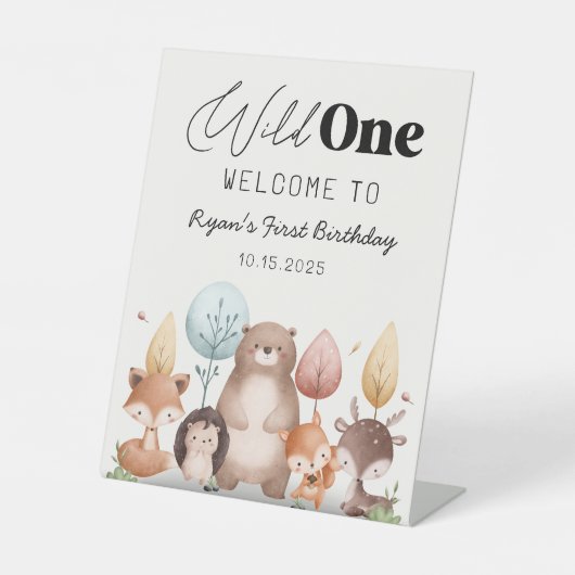 キュートワイルドワンフォレストウッドランドアニマルズ誕生日 台座サイン (正面)